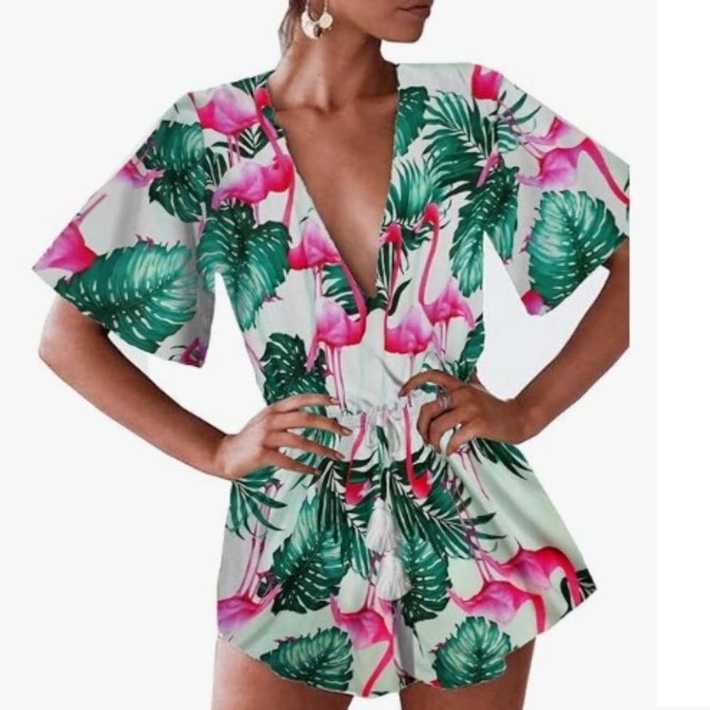 Women's Plunge V Neck Romper Printed Summer Beach Shorts Jumpsuits Playsuit